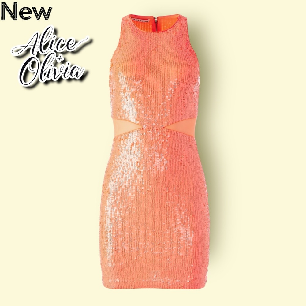 New Alice + Olivia Cara Sequin Mesh Inset Minidress Bright Coral - Picture 2 of 7